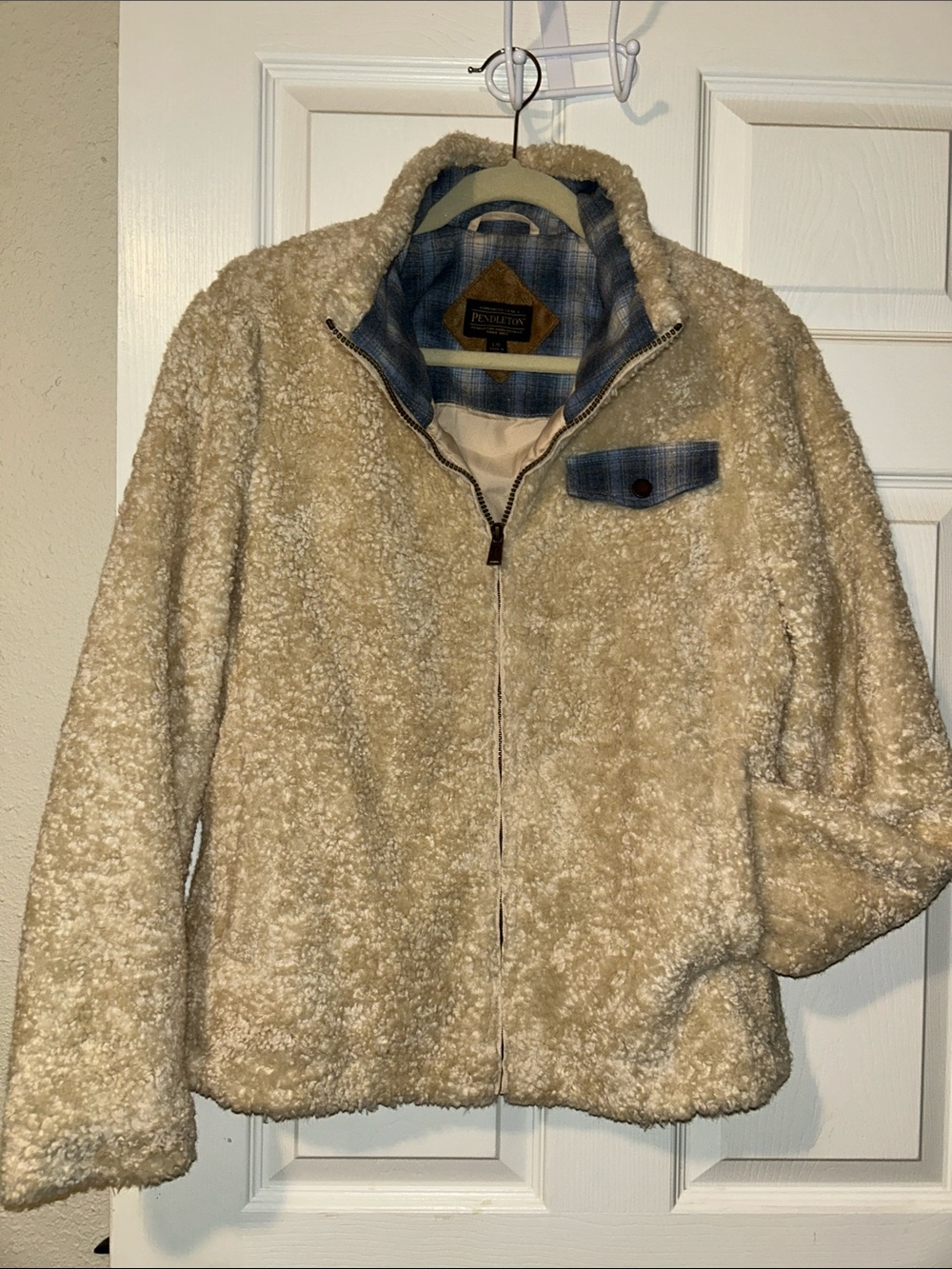 Pendleton Cream Sherpa Zip-Up Jacket with Blue Plaid Trim